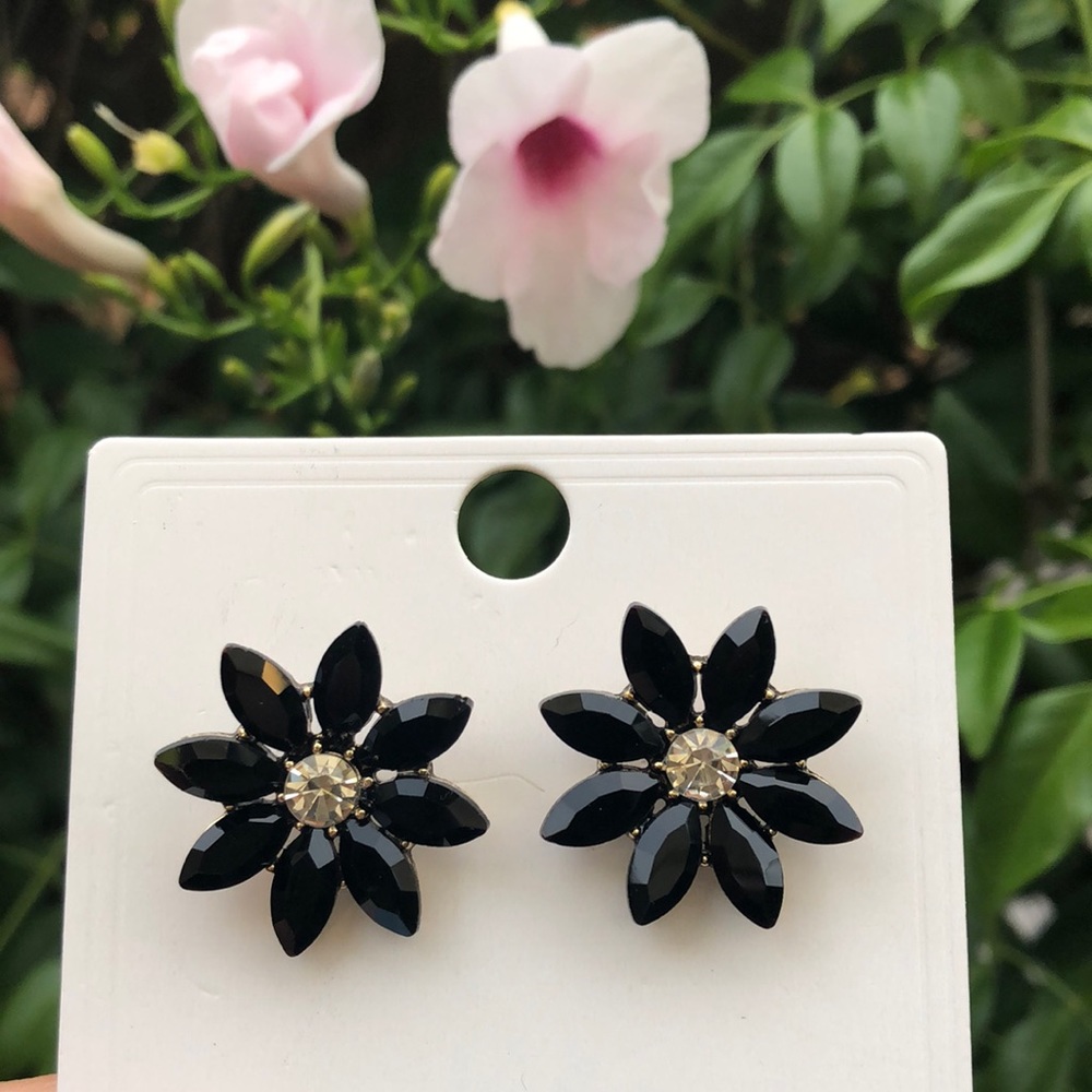 Black + Gold Crystal Flower Statement Earrings - image 1